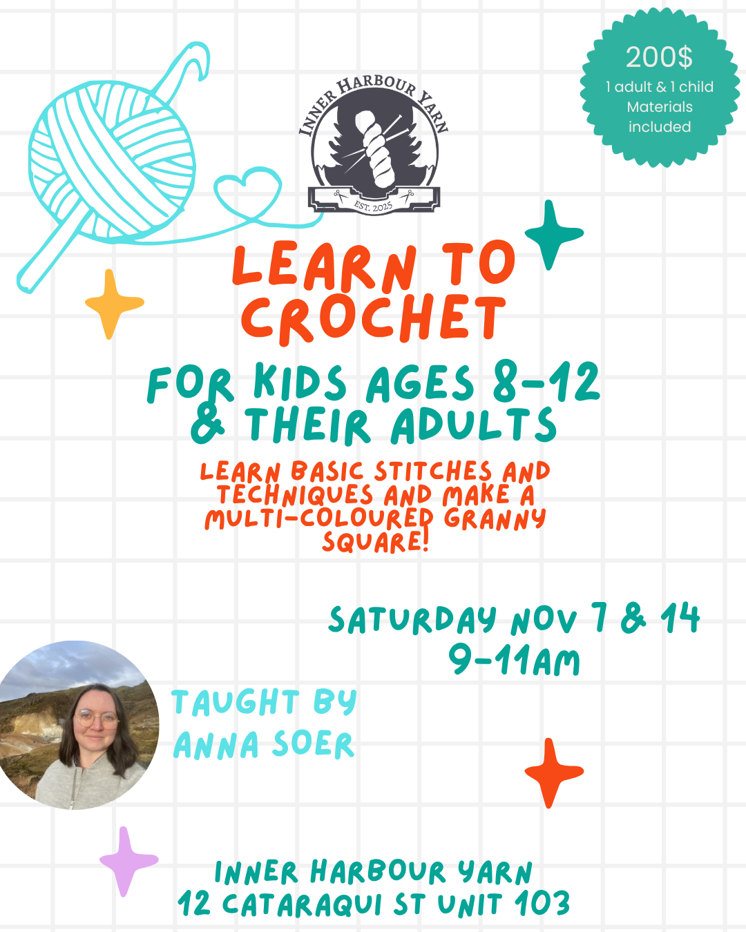 Class: Introduction to Crochet for Kids 8-12 and Their Adult with Anna Soer (Sat Nov 7 & 14, 9-11am)