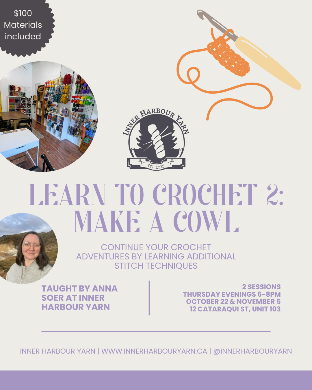 Class: Introduction to Crochet Level 2 - Cowl - with Anna Soer (Thurs Oct 22 + Nov 5, 6-8pm)