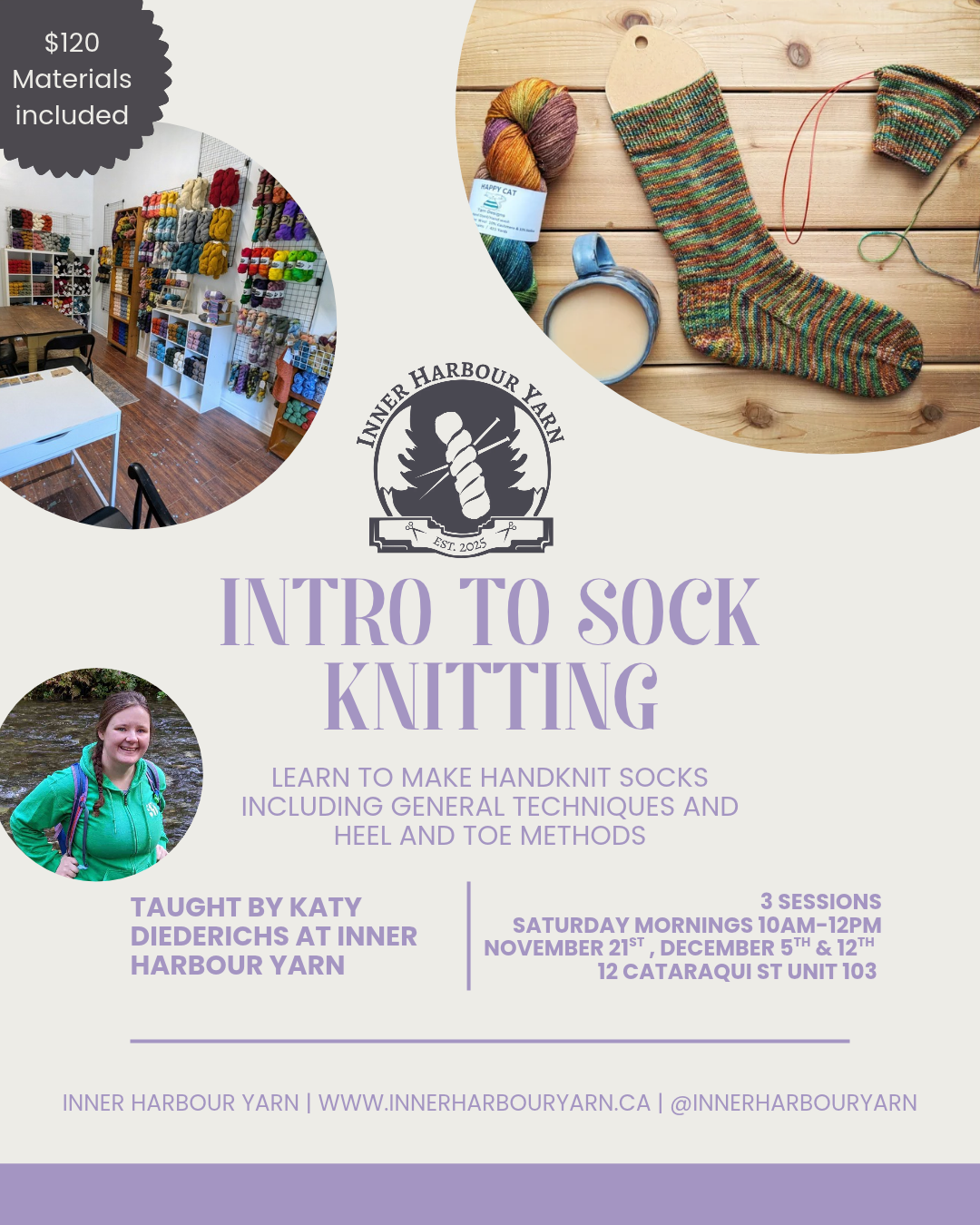 Class: Introduction to Sock Knitting with Katy Diederichs (Saturday Nov 21, Dec 5 & 12, 10am-12pm)