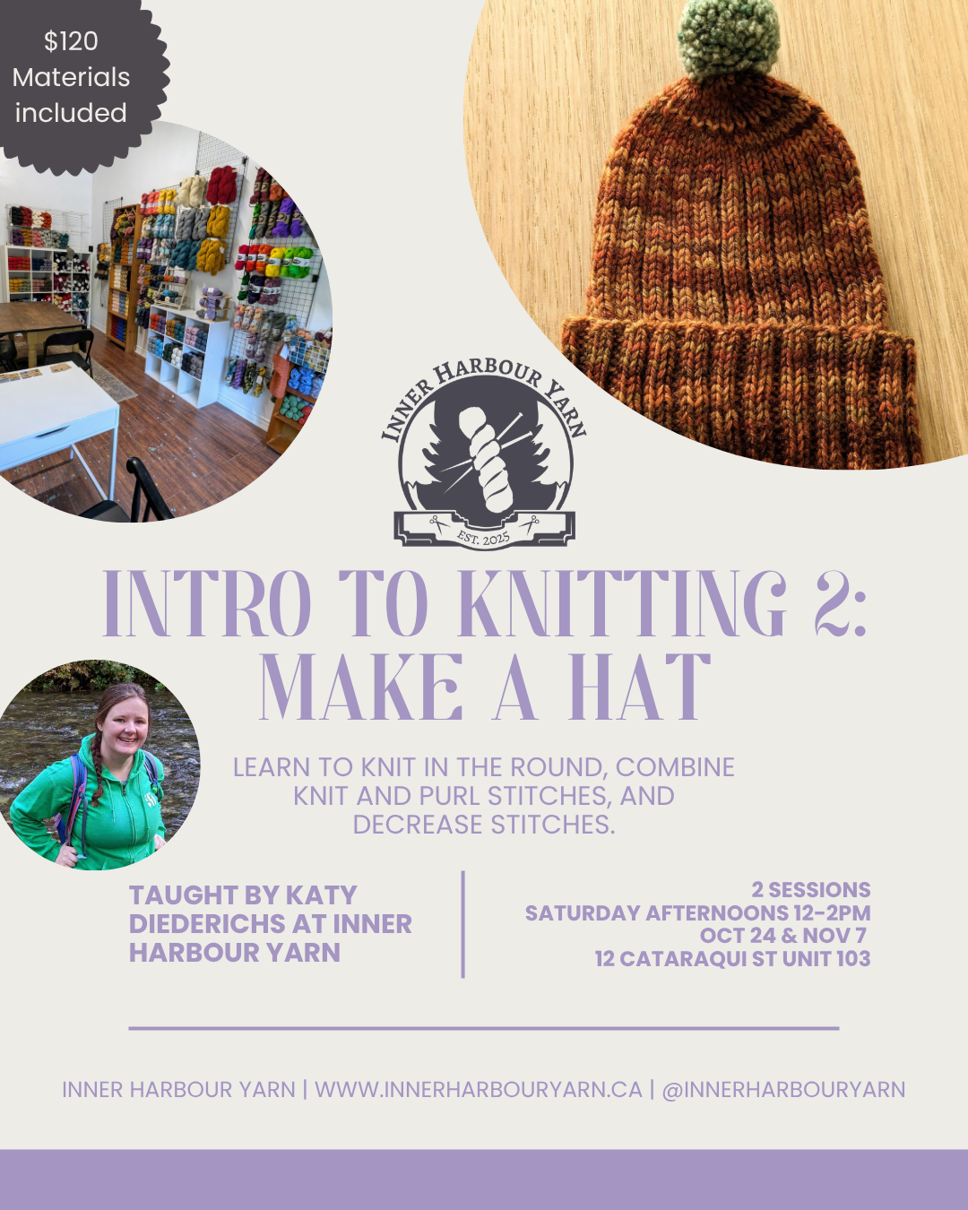 Class: Introduction to Knitting Level 2: Hat with Katy Diederichs (Sat Oct 24, Nov 7 12-2pm)