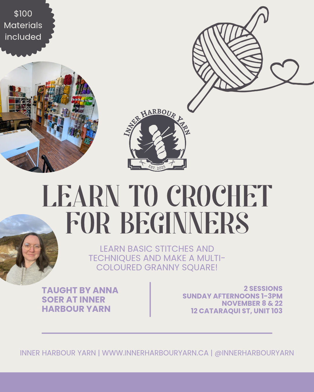 Class: Introduction to Crochet for Beginners with Anna Soer (Sun Nov 8 & 22, 1-3pm)