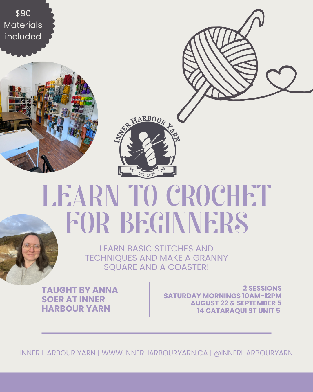 Class: Introduction to Crochet for Beginners with Anna Soer (Sat Aug 22 + Sept 5 10am-12pm)