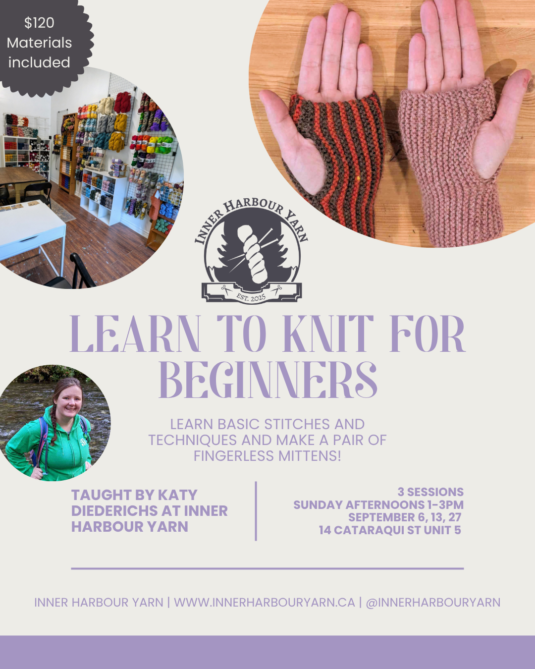 Class: Introduction to Knitting for Beginners with Katy Diederichs (Sunday Sept 6, 13, 27, 1pm-3pm)