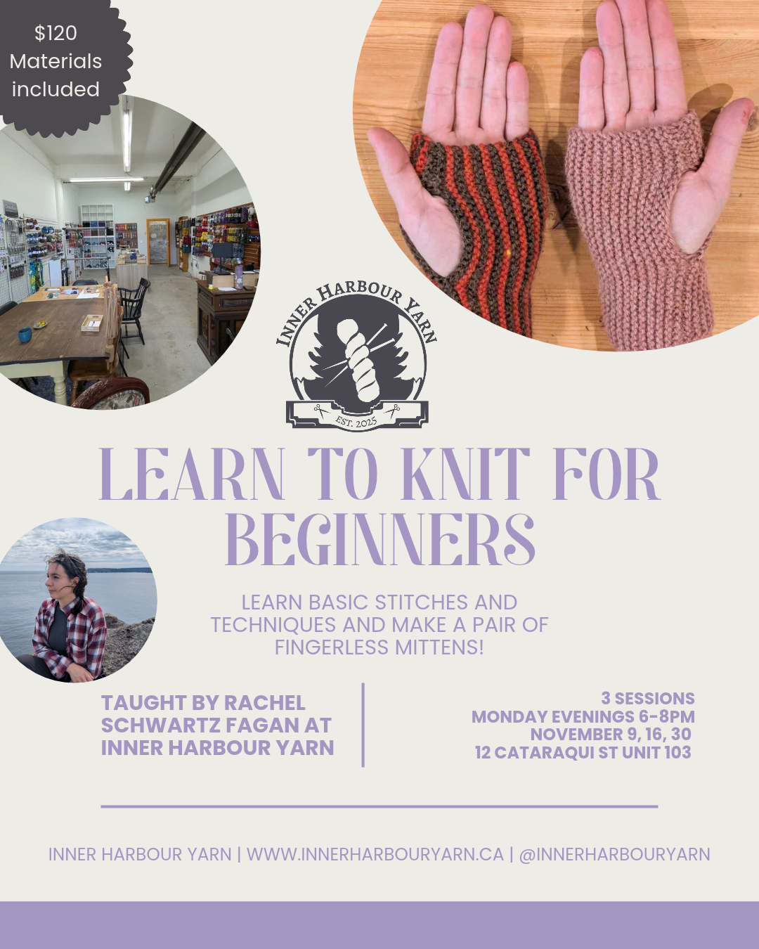Class: Introduction to Knitting for Beginners with Rachel Schwartz Fagan (Mon Nov 9, 16, 30, 6-8pm)